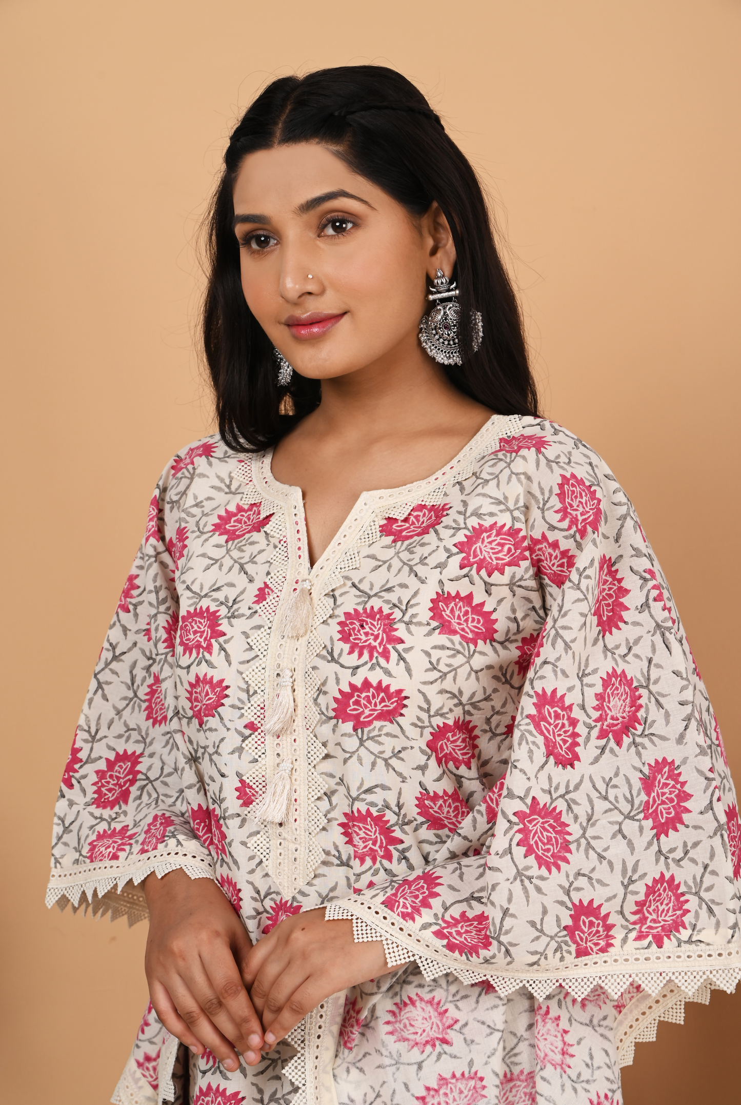 Pink and Off White Cotton Kaftan Set