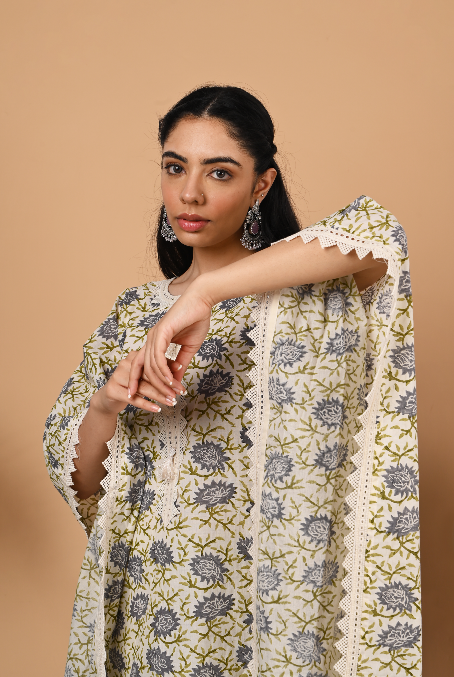 Grey and Off White Cotton Kaftan Set