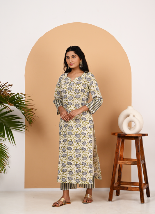 Grey and Off White Cotton Straight Set