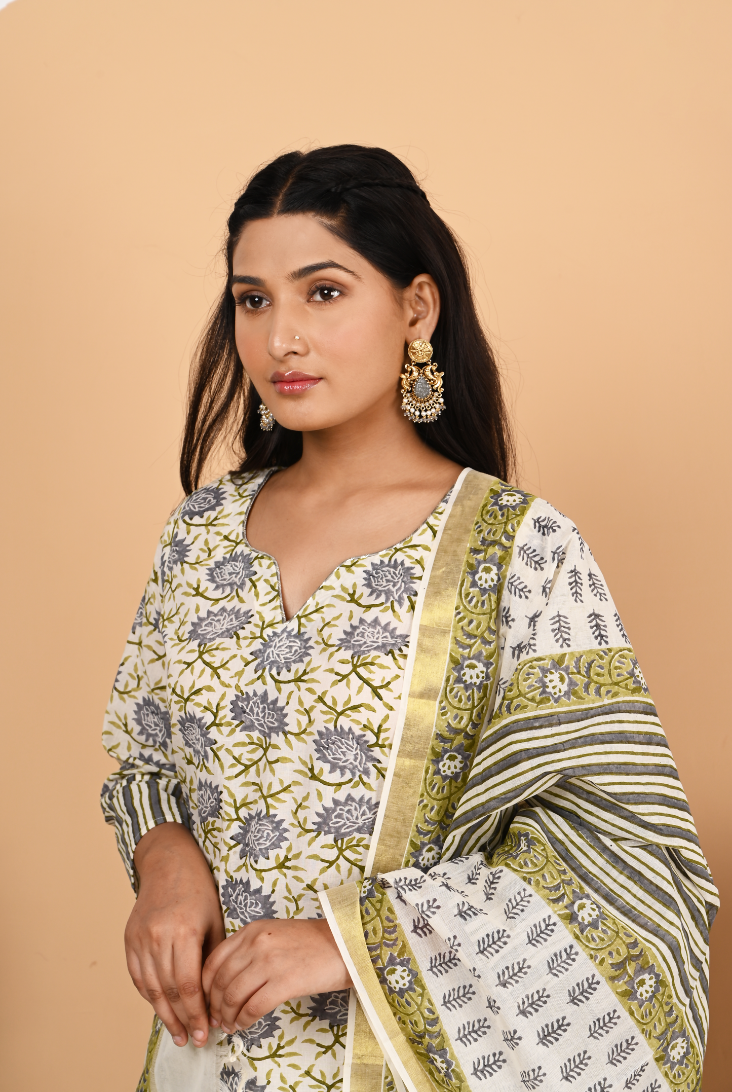 Grey and Off White Cotton Straight Set