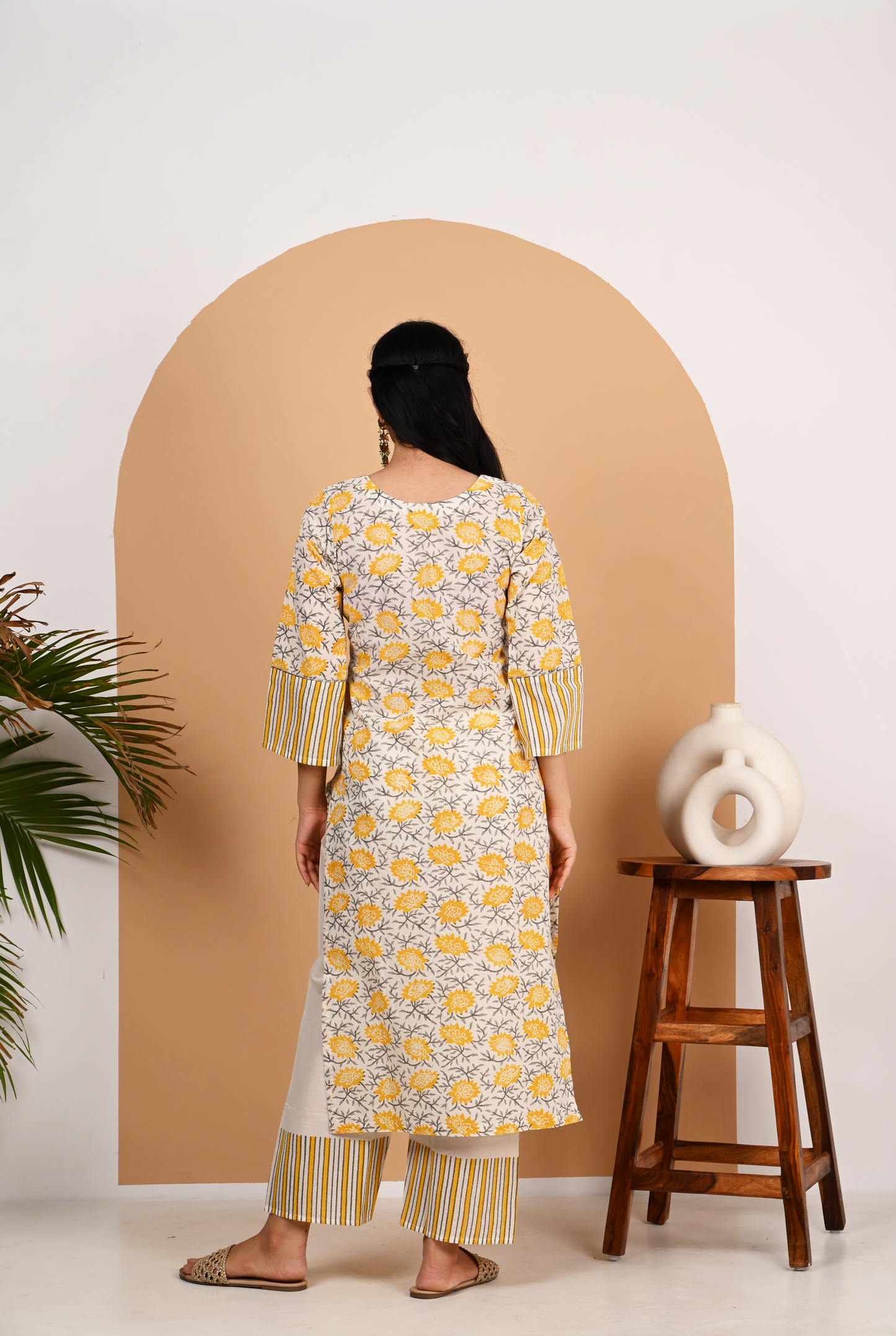 Yellow and Off White Cotton Straight Set