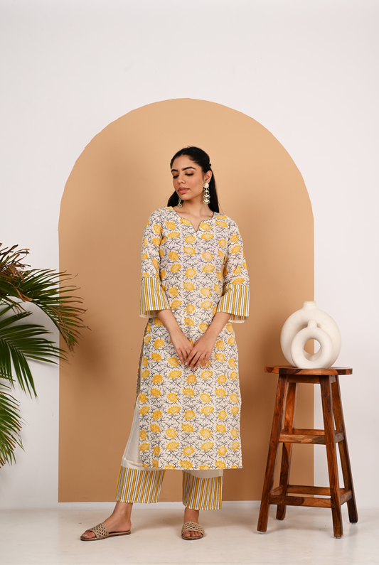 Yellow and Off White Cotton Straight Set