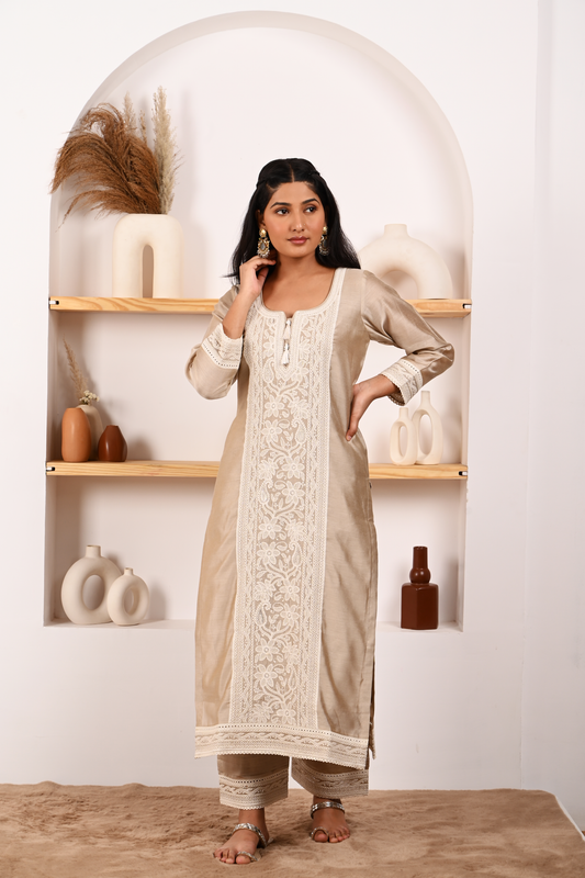 Hazel Beige Chanderi Suit Set