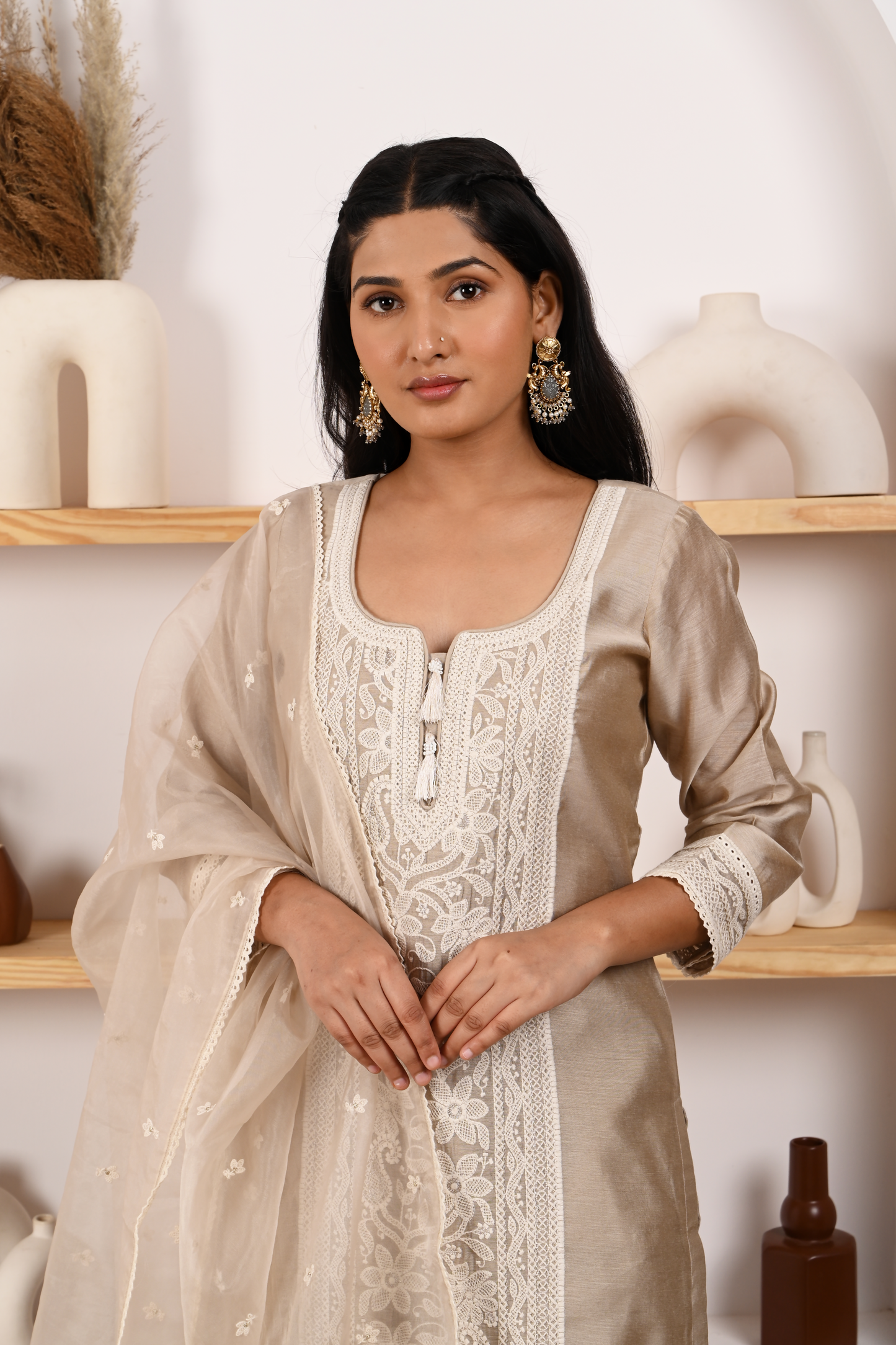 Hazel Beige Chanderi Suit Set