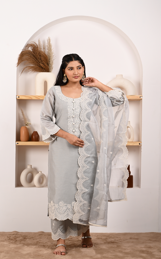 Silver Grey Chanderi Suit Set