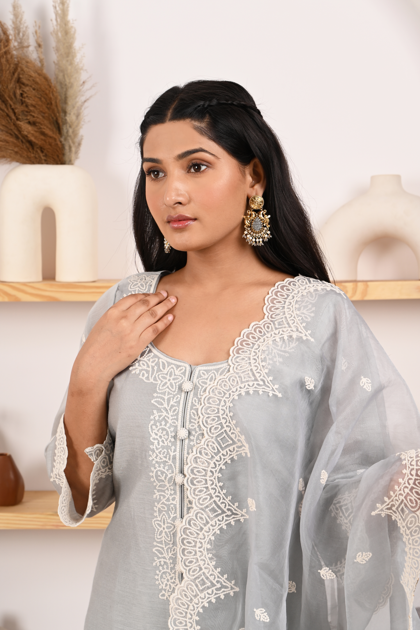 Silver Grey Chanderi Suit Set