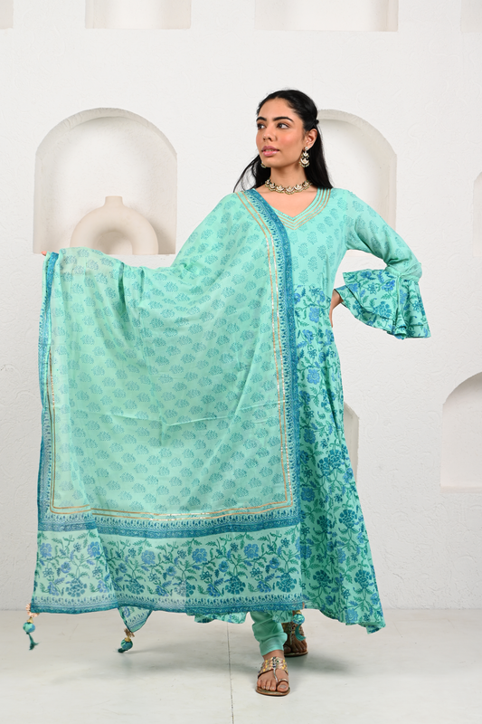Turquoise Blue Cotton Anarkali Set