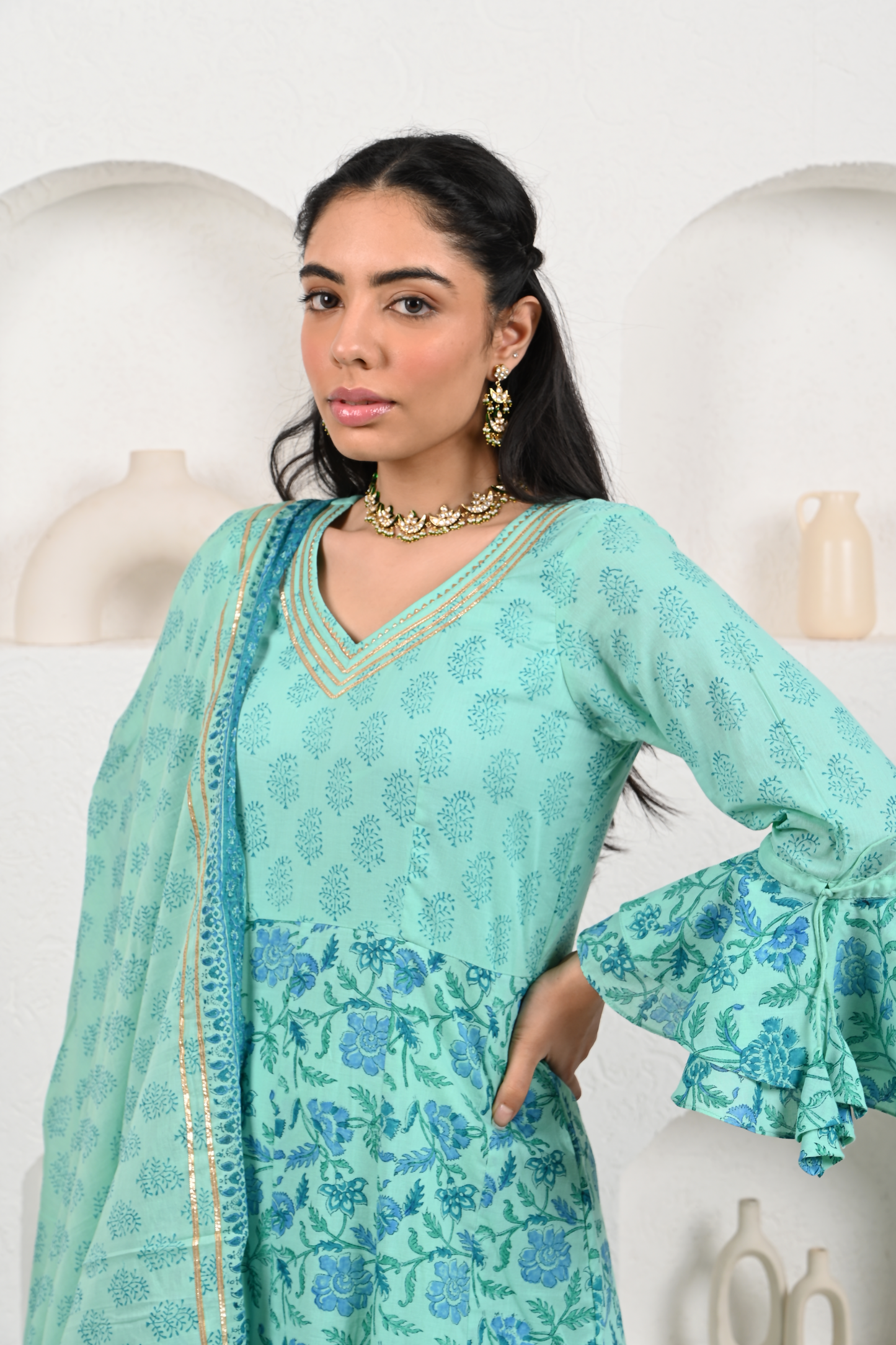 Turquoise Blue Cotton Anarkali Set