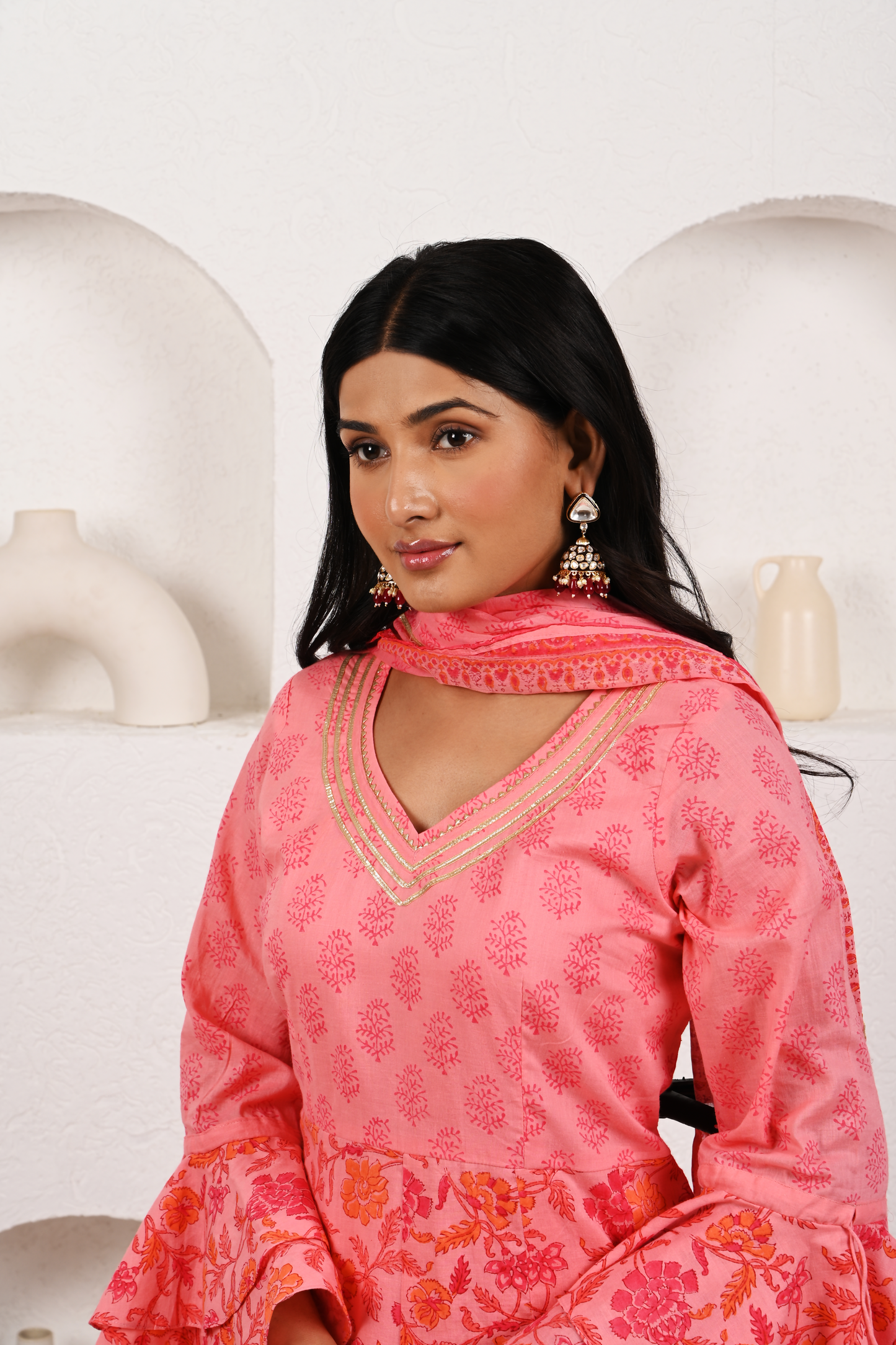 Salmon Pink Cotton Anarkali Set