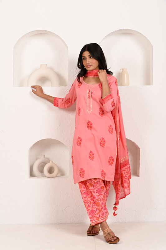 Salmon Pink Cotton Salwar Set