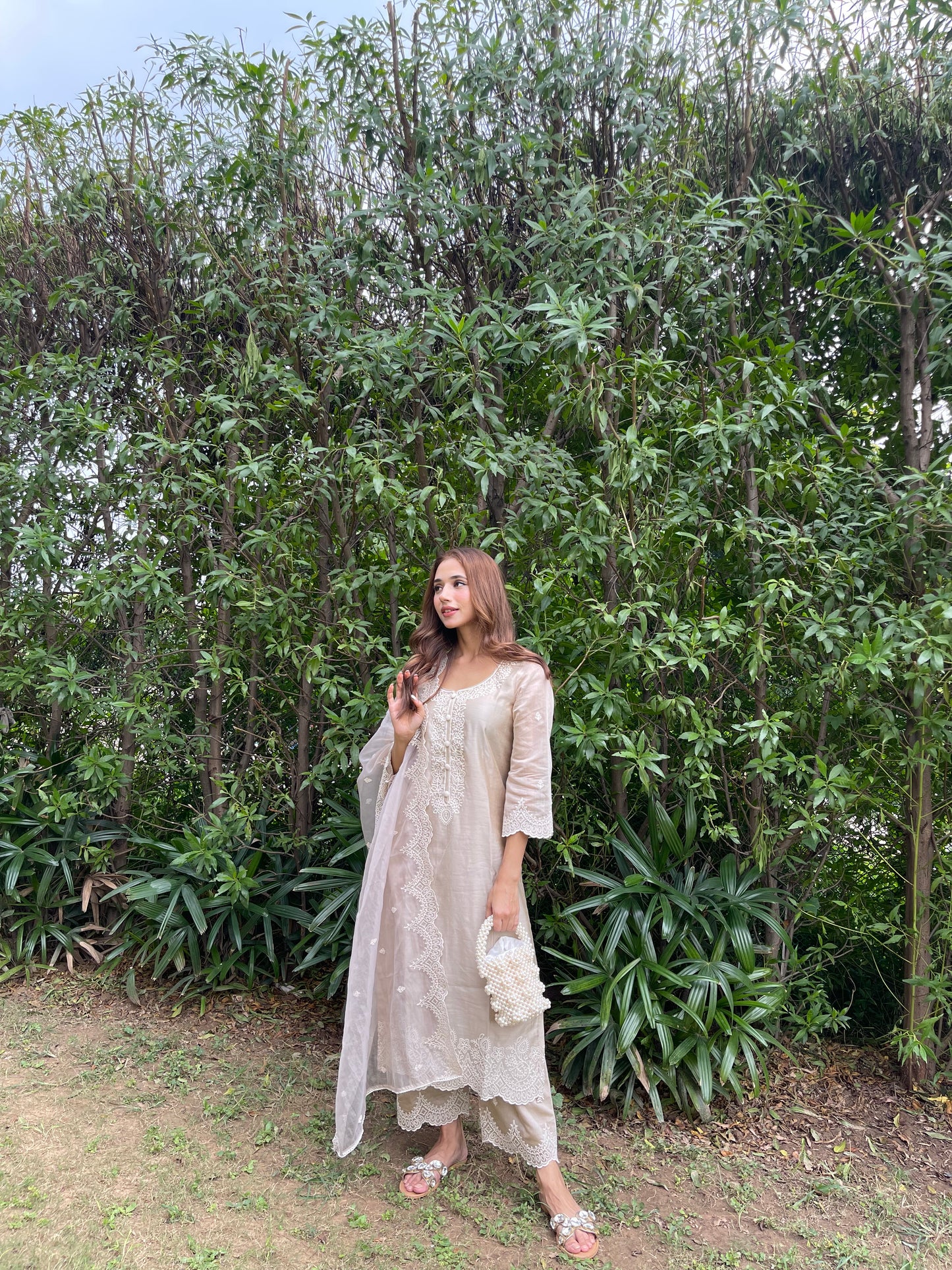 Ria Malhotra in Hazel Beige Chanderi Suit Set