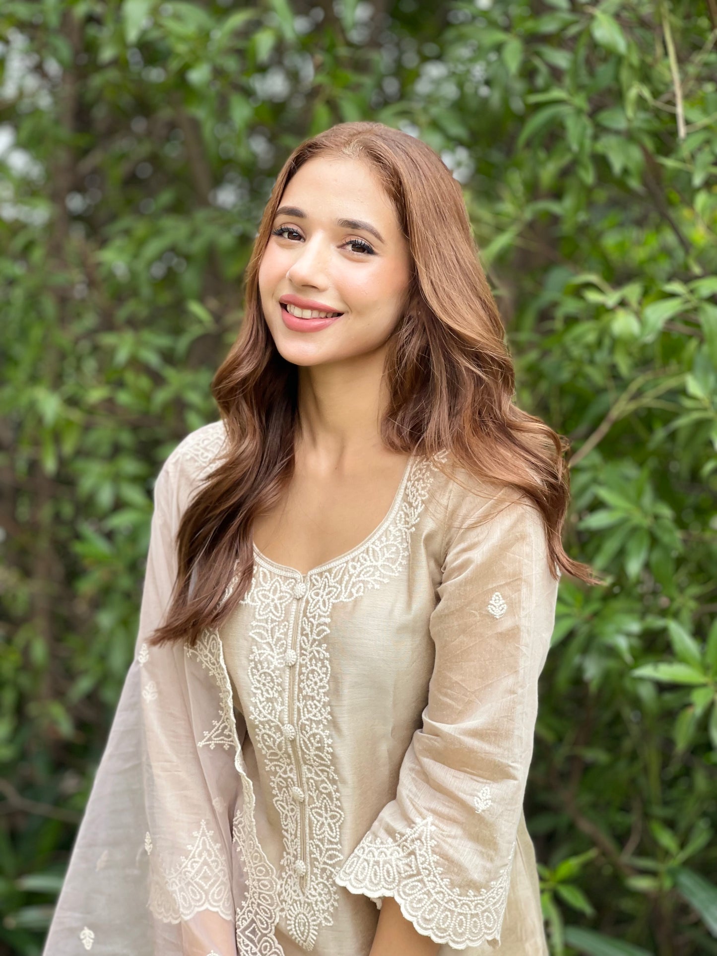 Ria Malhotra in Hazel Beige Chanderi Suit Set
