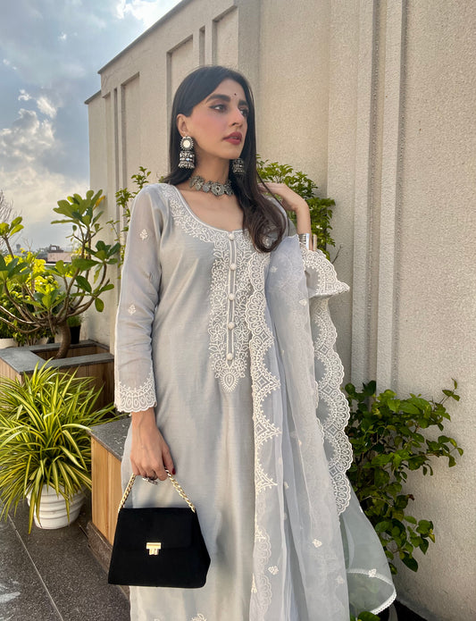 Mehak Jain in Silver Grey Chanderi Suit Set