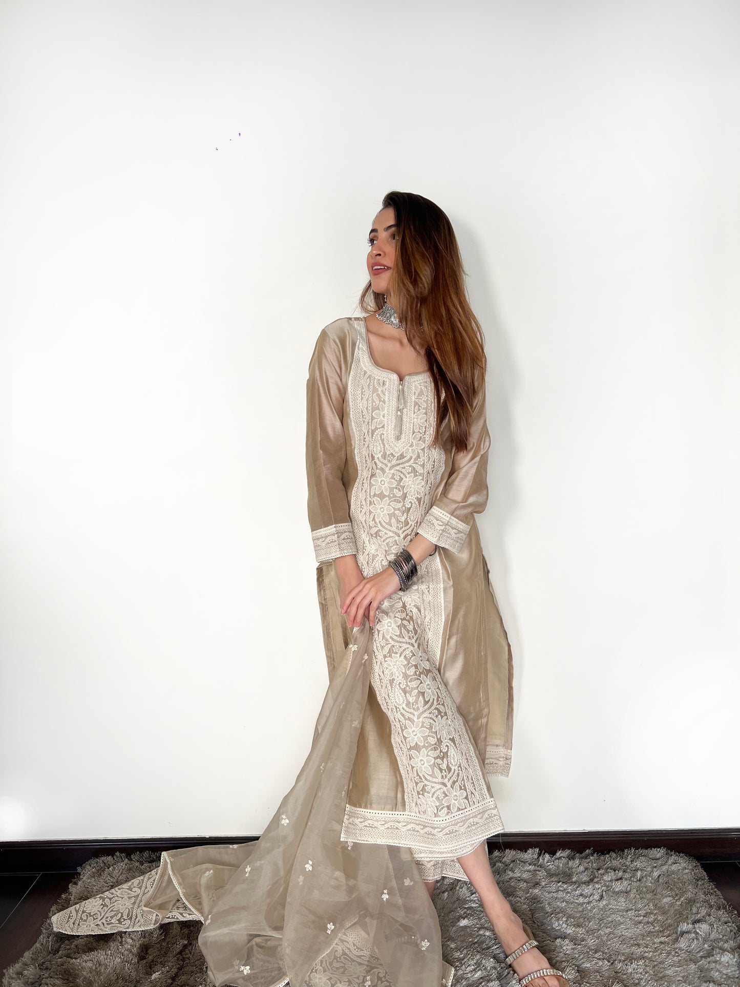 Arti Singh in Hazel Beige Chanderi Suit Set