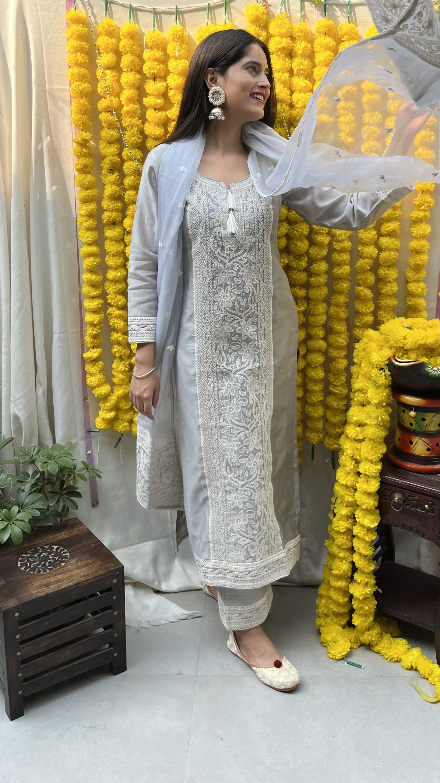 Ira Sharma in Silver Grey Chanderi Suit Set
