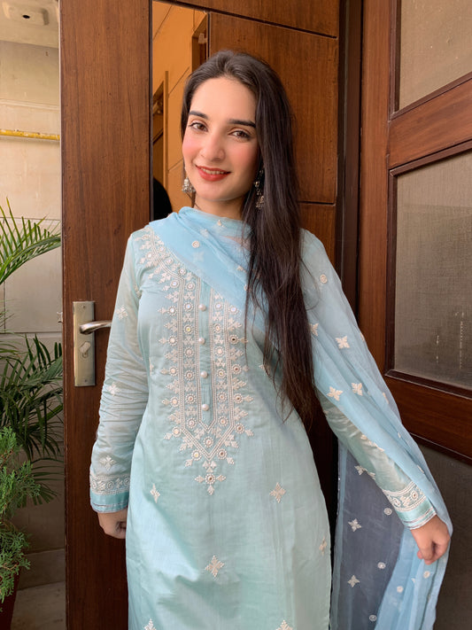 Nandita Miglani in Tiffany Blue Chanderi Suit Set