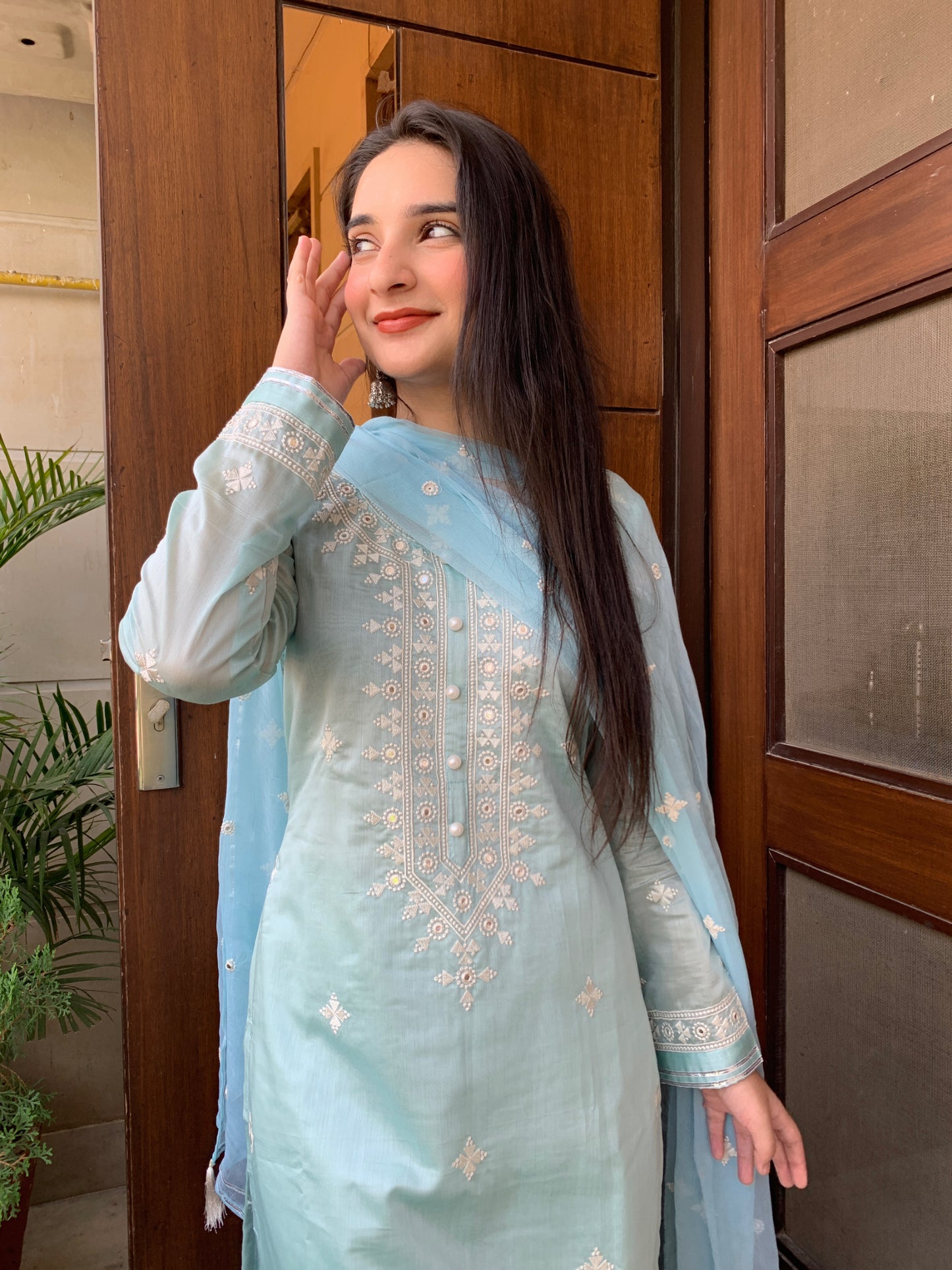 Nandita Miglani in Tiffany Blue Chanderi Suit Set