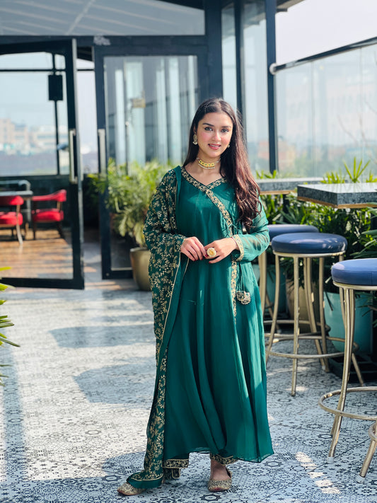 Simran Narang in Sunehri Green Angrakha Anarkali Set