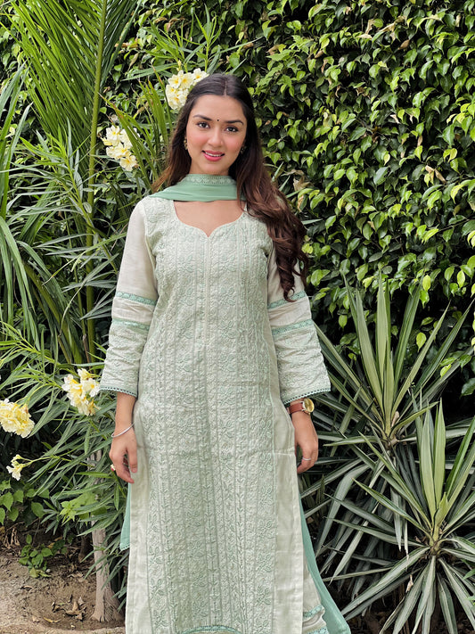 Simran Narang in Pastel Green Chanderi Suit Set