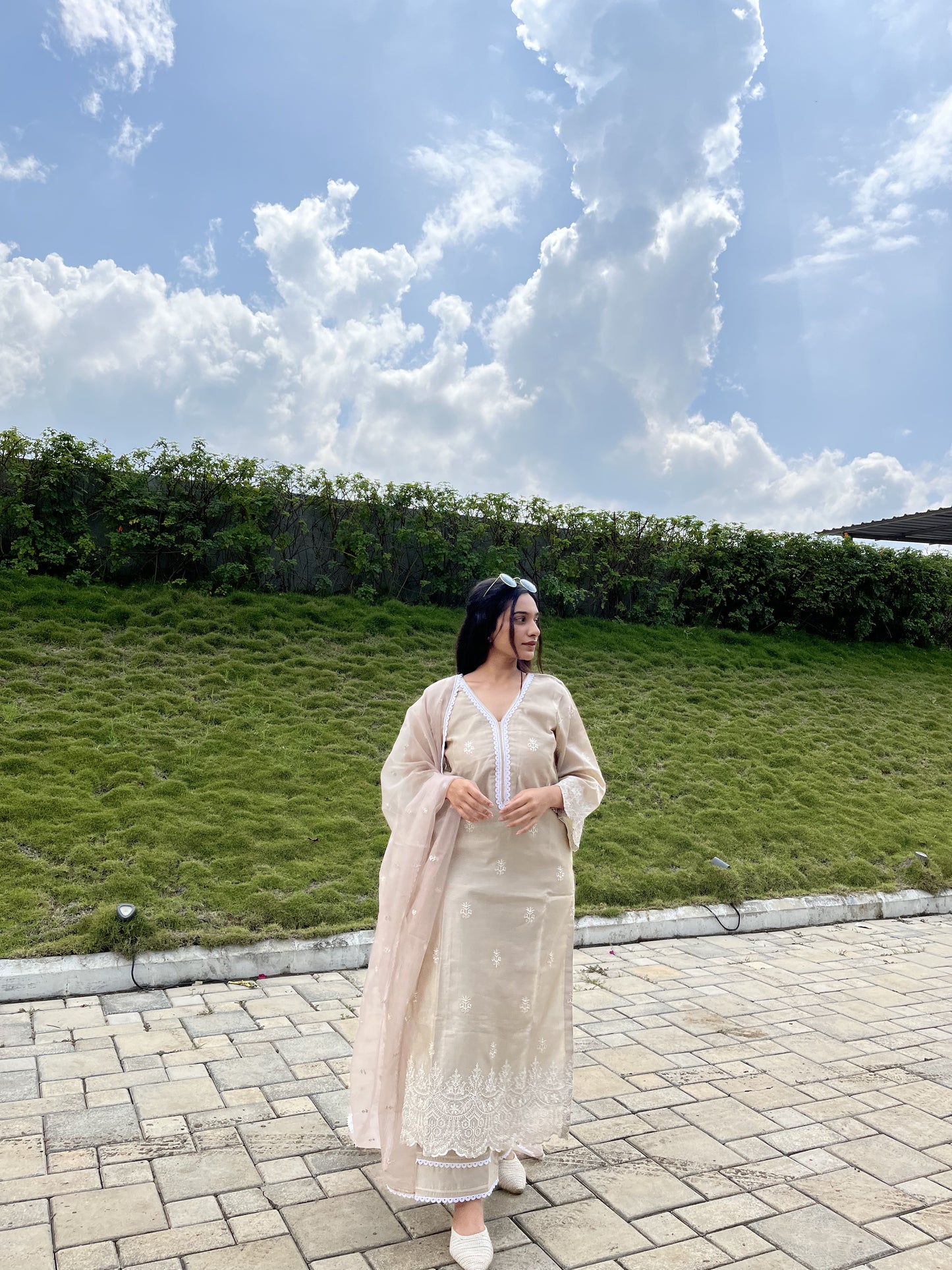 Kajal Gandhi in Hazel Beige Chanderi Suit Set