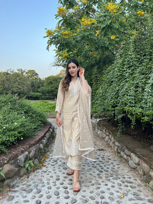 Shivali Katoch in Hazel Beige Chanderi Suit Set