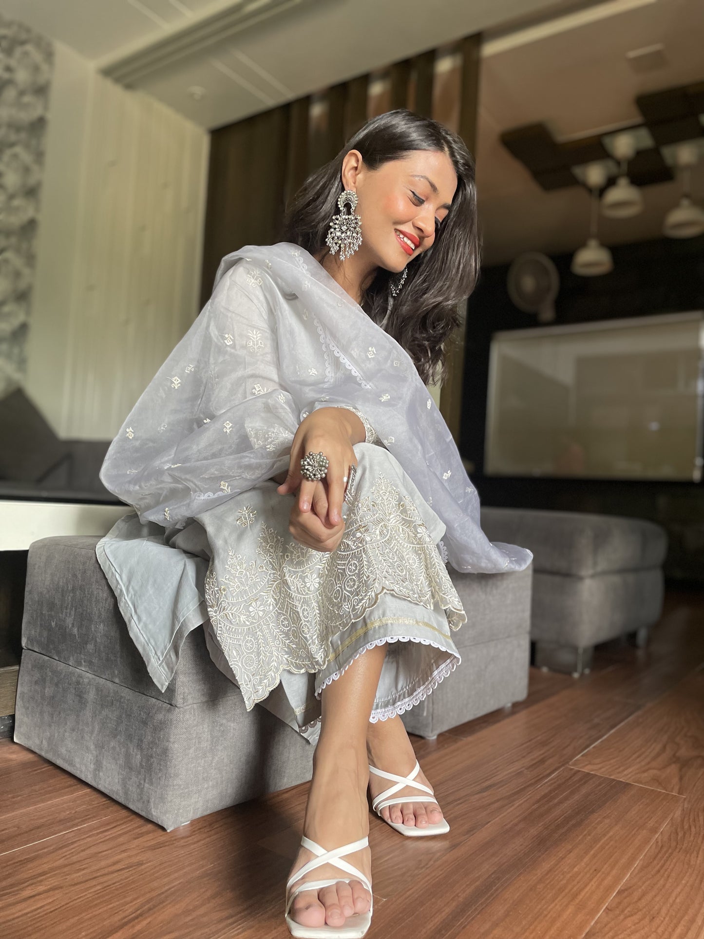 Riya Karamchandani in Silver Grey Chanderi Suit Set