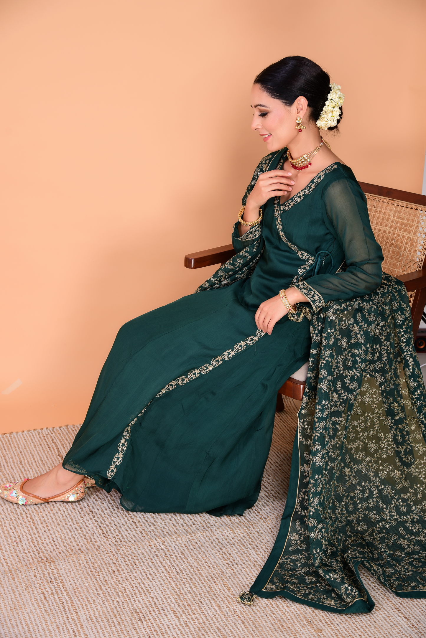 Sunehri Green Angrakha Anarkali Set