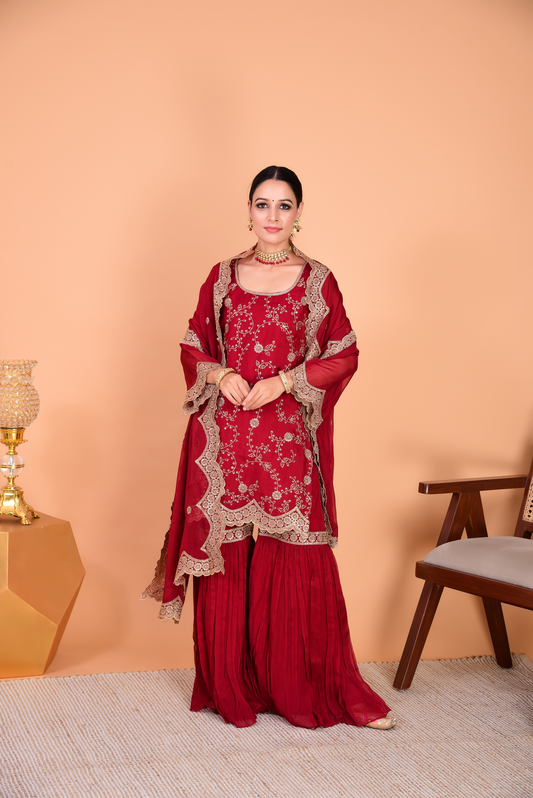 Shefali Bagga in Sunehri Maroon Sharara Set
