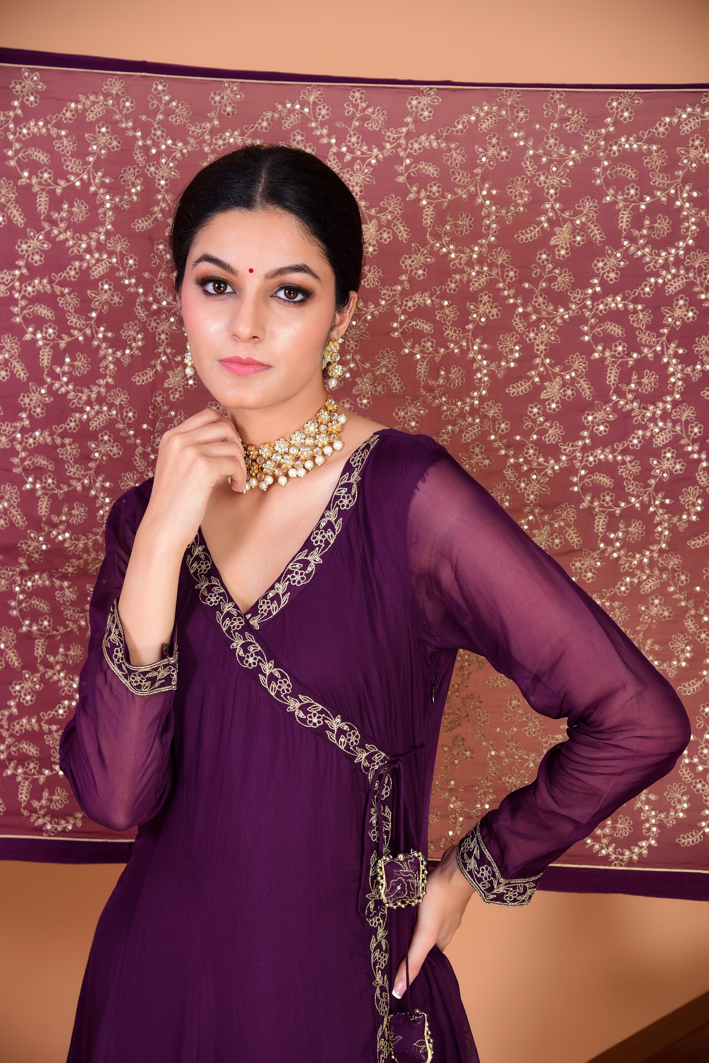 Sunehri Purple Angrakha Anarkali Set
