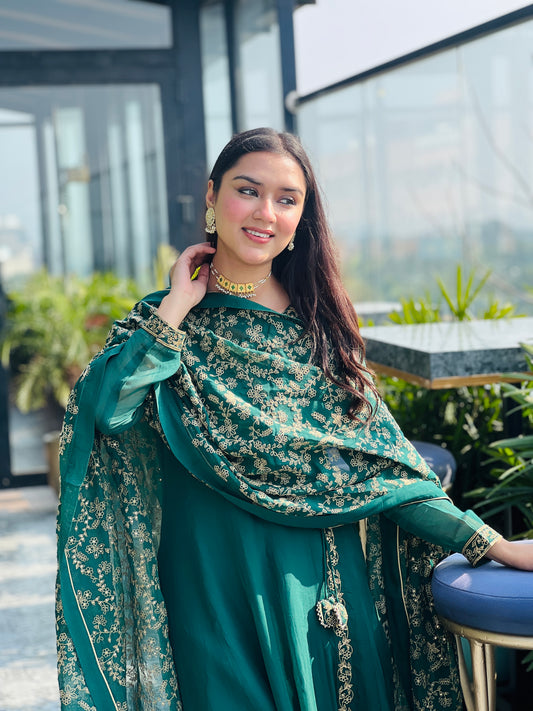 Simran Narang in Sunehri Green Angrakha Anarkali Set