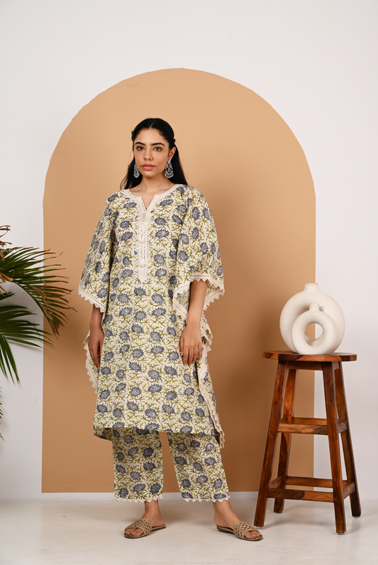 Grey and Off White Cotton Kaftan Set