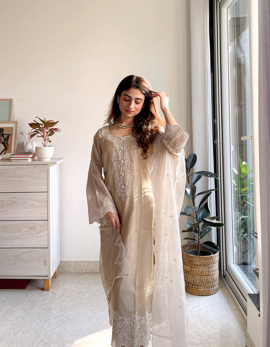 Agrima Kumar in Hazel Beige Chanderi Suit Set