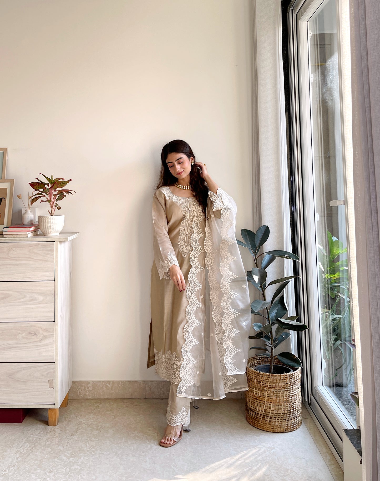 Agrima Kumar in Hazel Beige Chanderi Suit Set