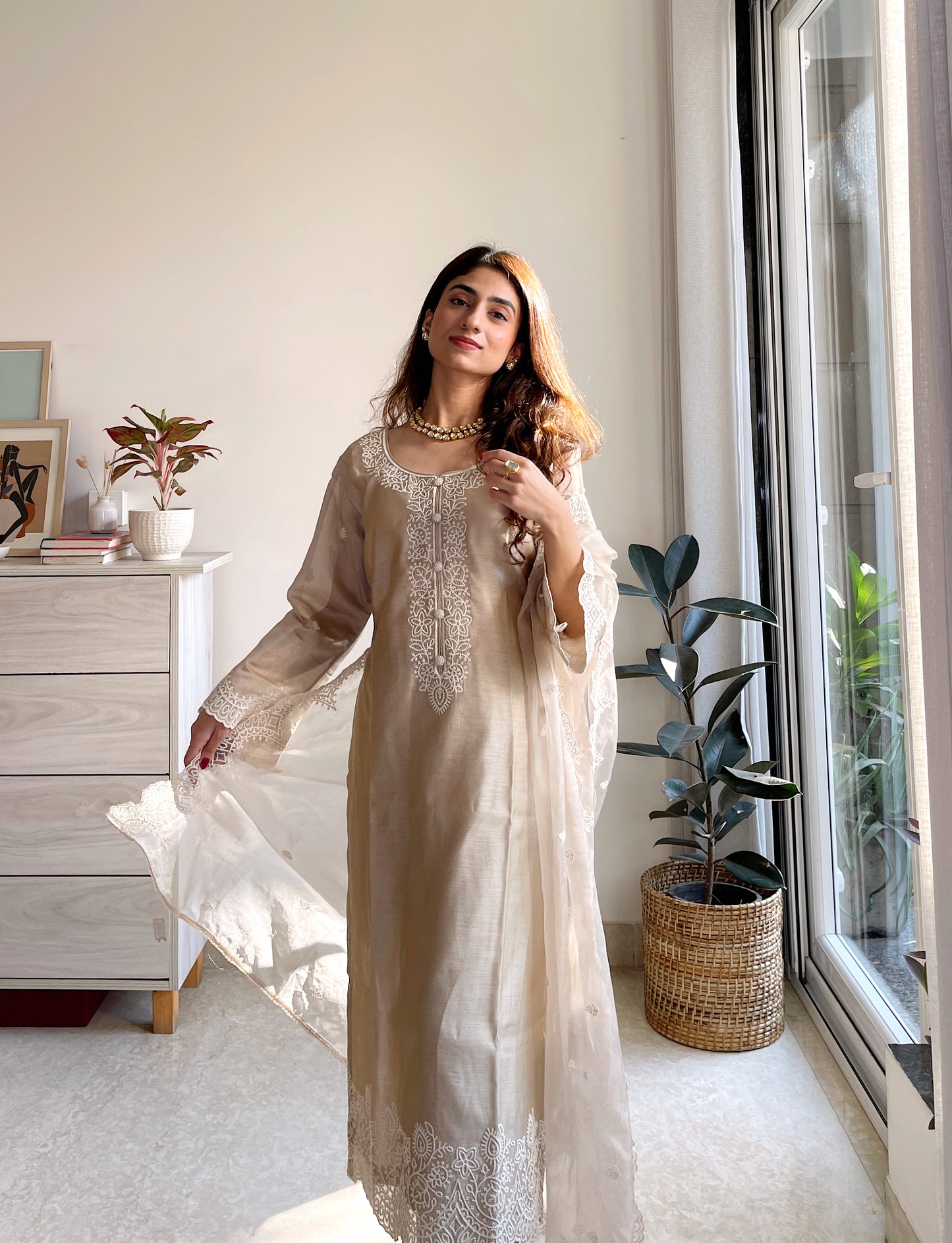 Agrima Kumar in Hazel Beige Chanderi Suit Set