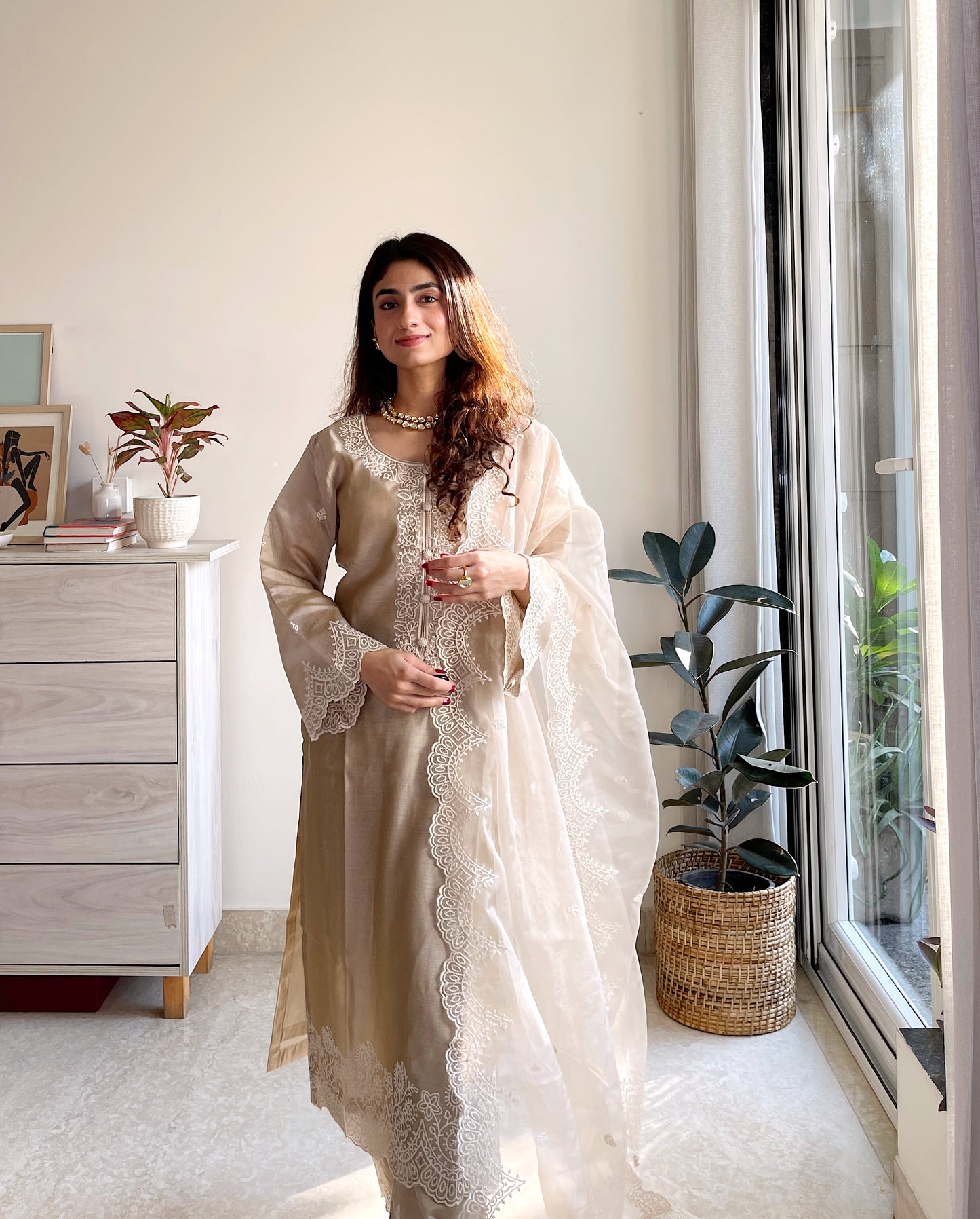 Agrima Kumar in Hazel Beige Chanderi Suit Set