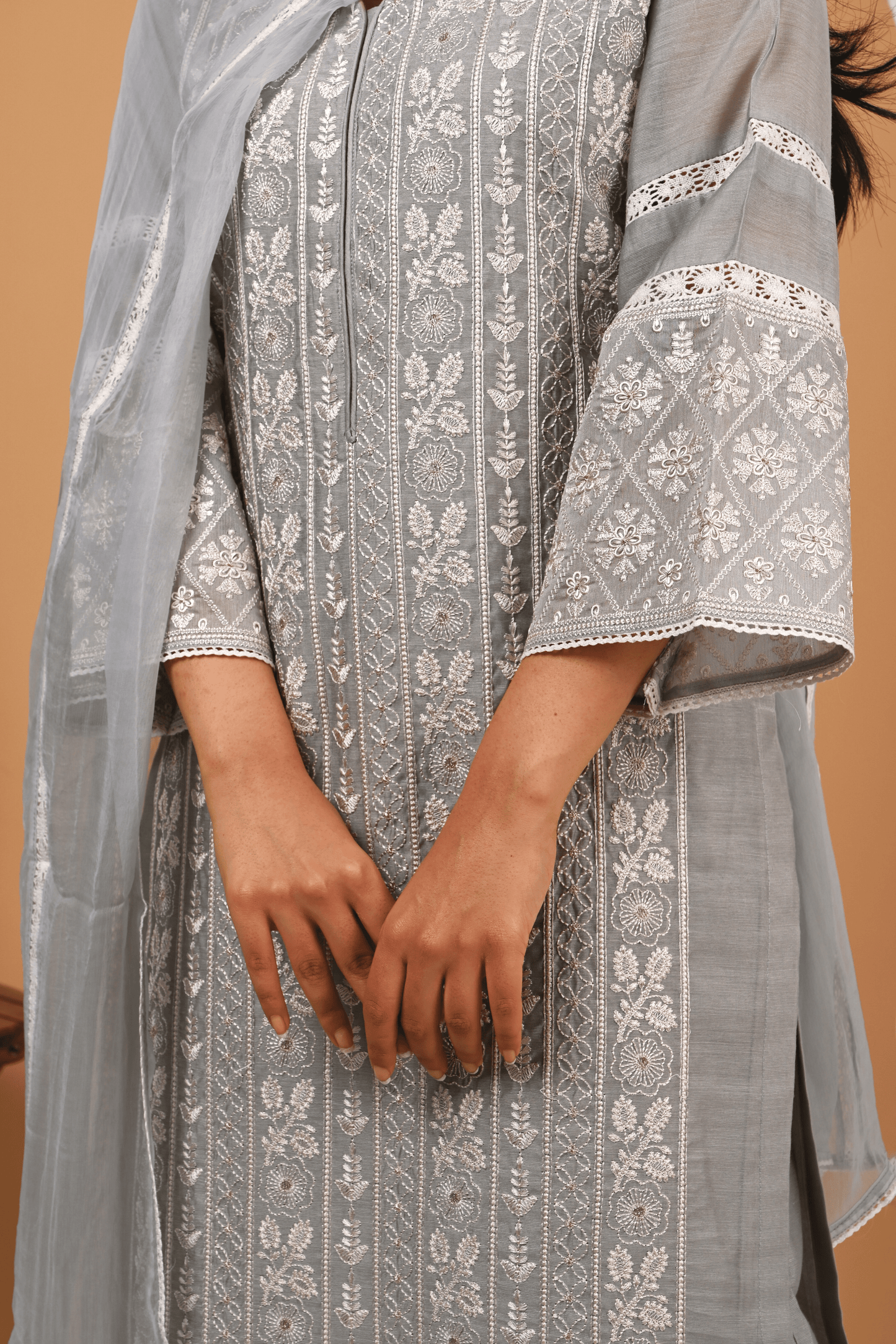 Sliver Grey Chanderi Suit Set
