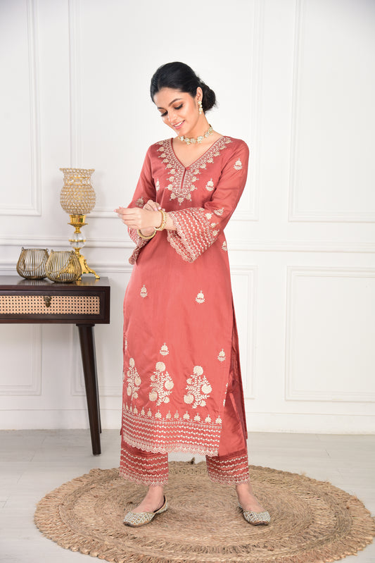 Rust Chanderi Silk Suit Set