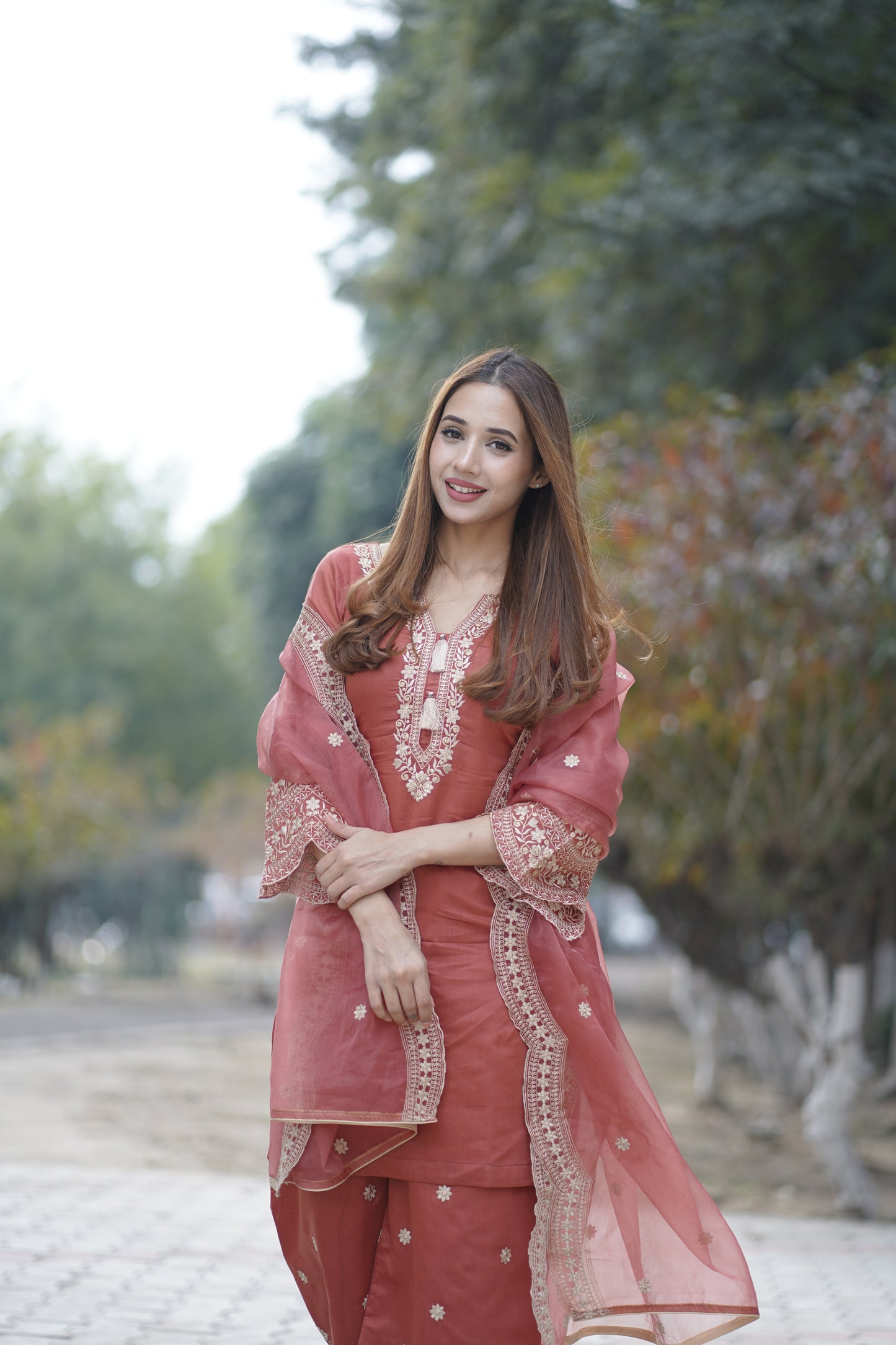 Ria Malhotra in Rust Chanderi Silk Suit Set