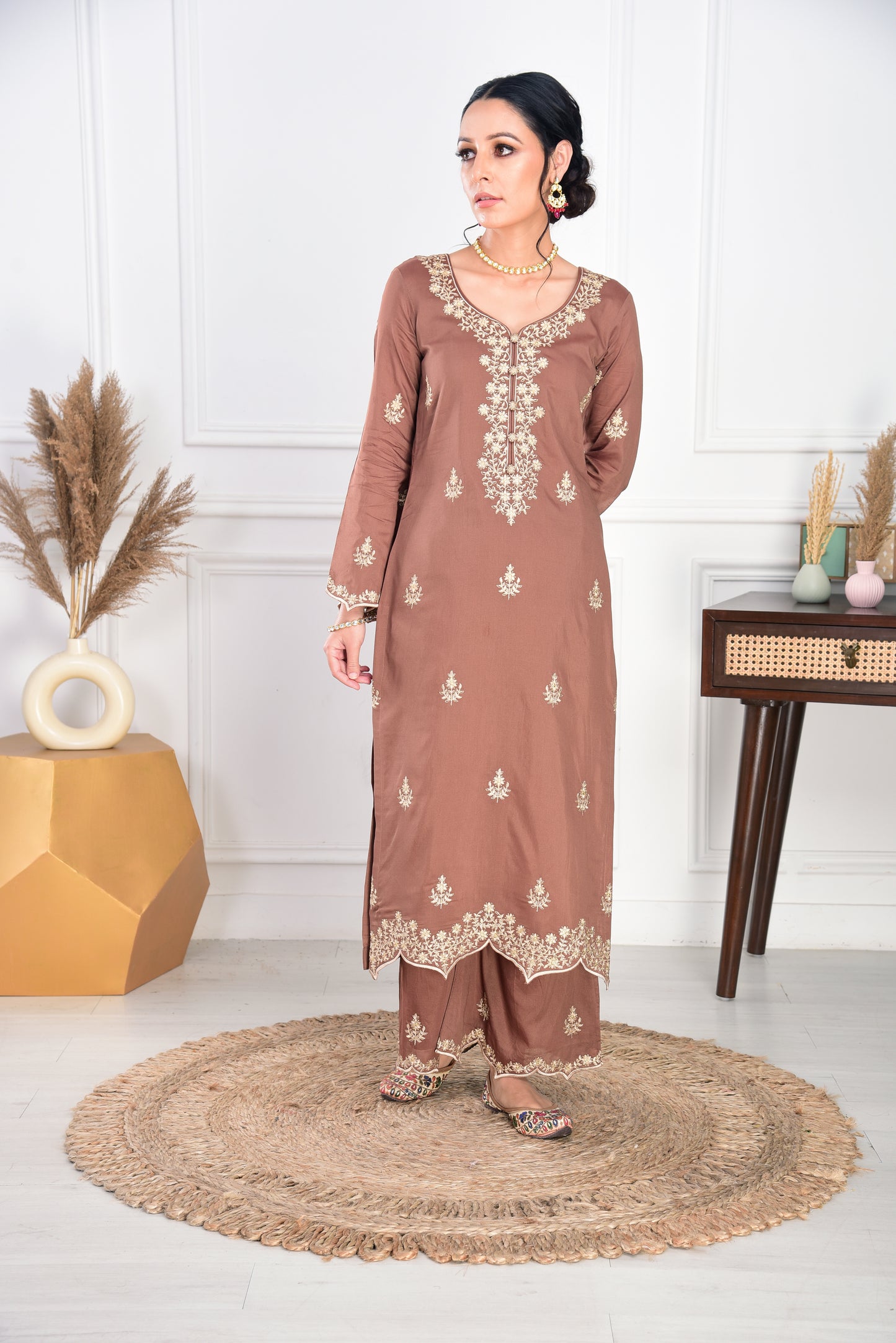Walnut Brown Chanderi Silk Suit Set