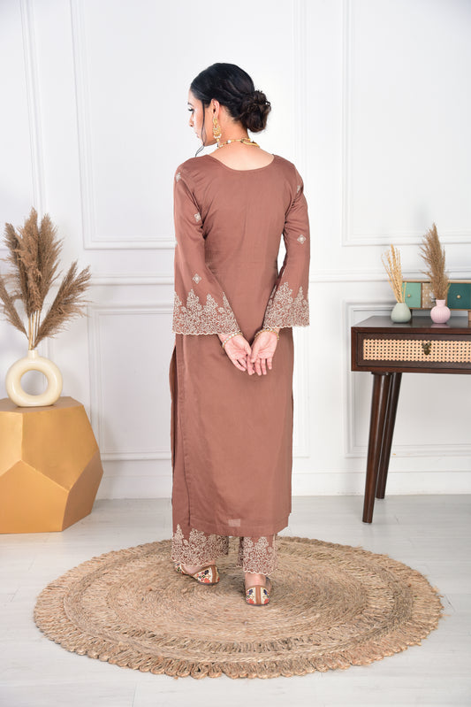 Walnut Brown Chanderi Silk Suit Set