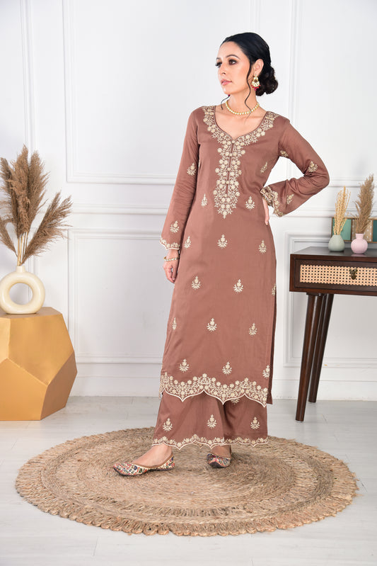 Walnut Brown Chanderi Silk Suit Set