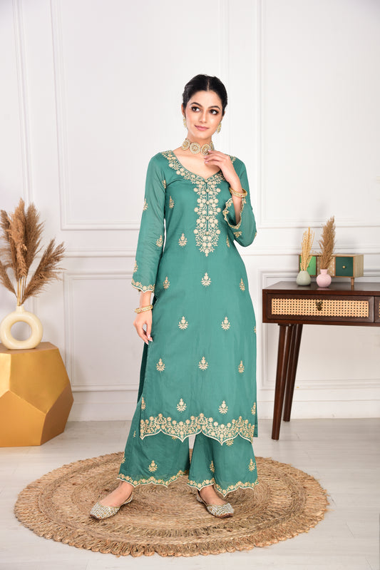 Pine Green Chanderi Silk Suit Set
