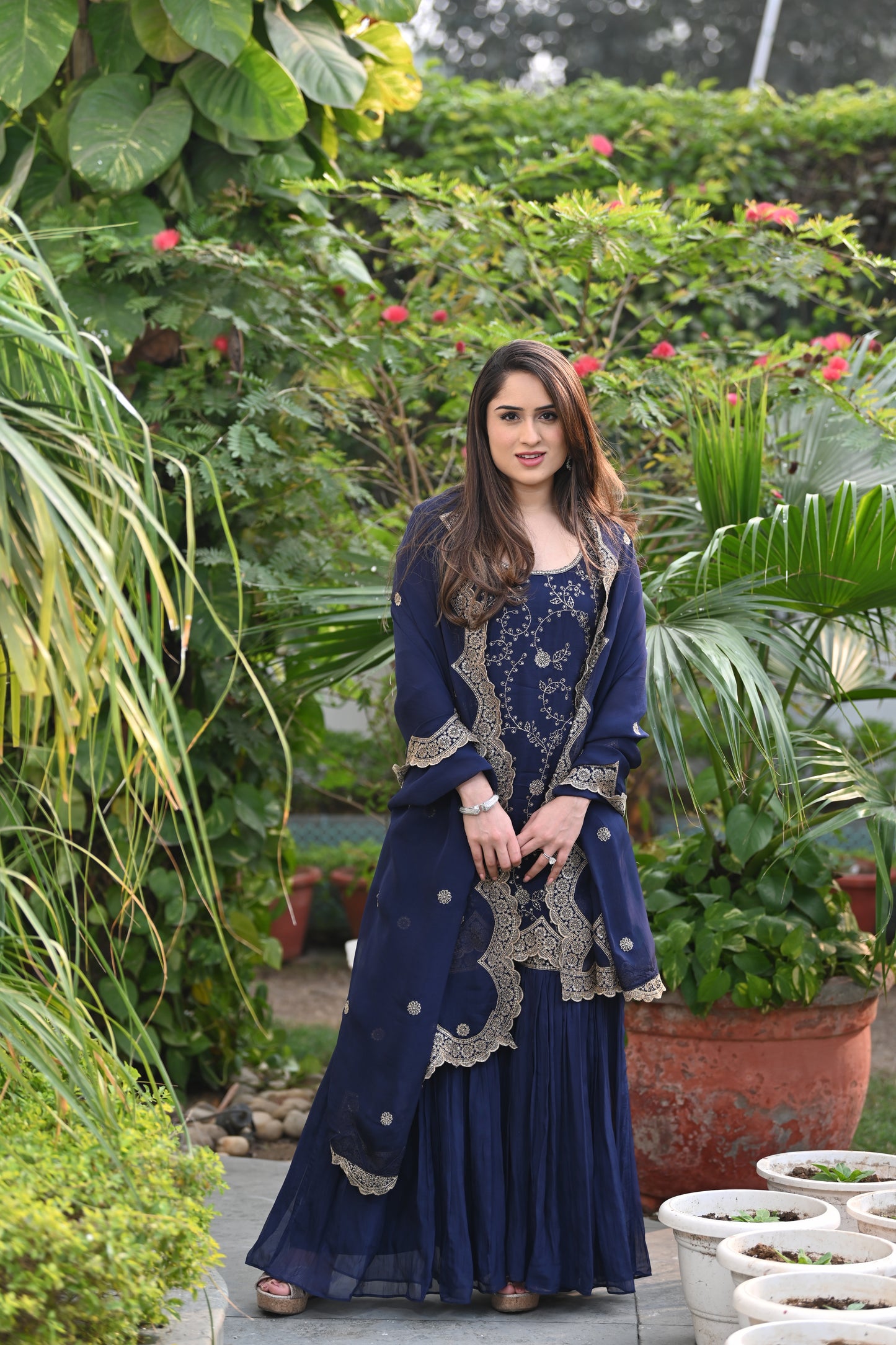 Nikita Vasdev in Sunehri Blue Sharara Set