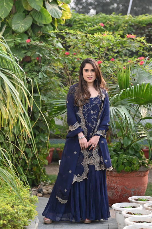 Nikita Vasdev in Sunehri Blue Sharara Set