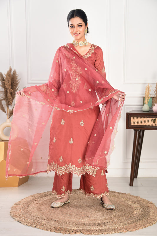 Rust Chanderi Silk Suit Set