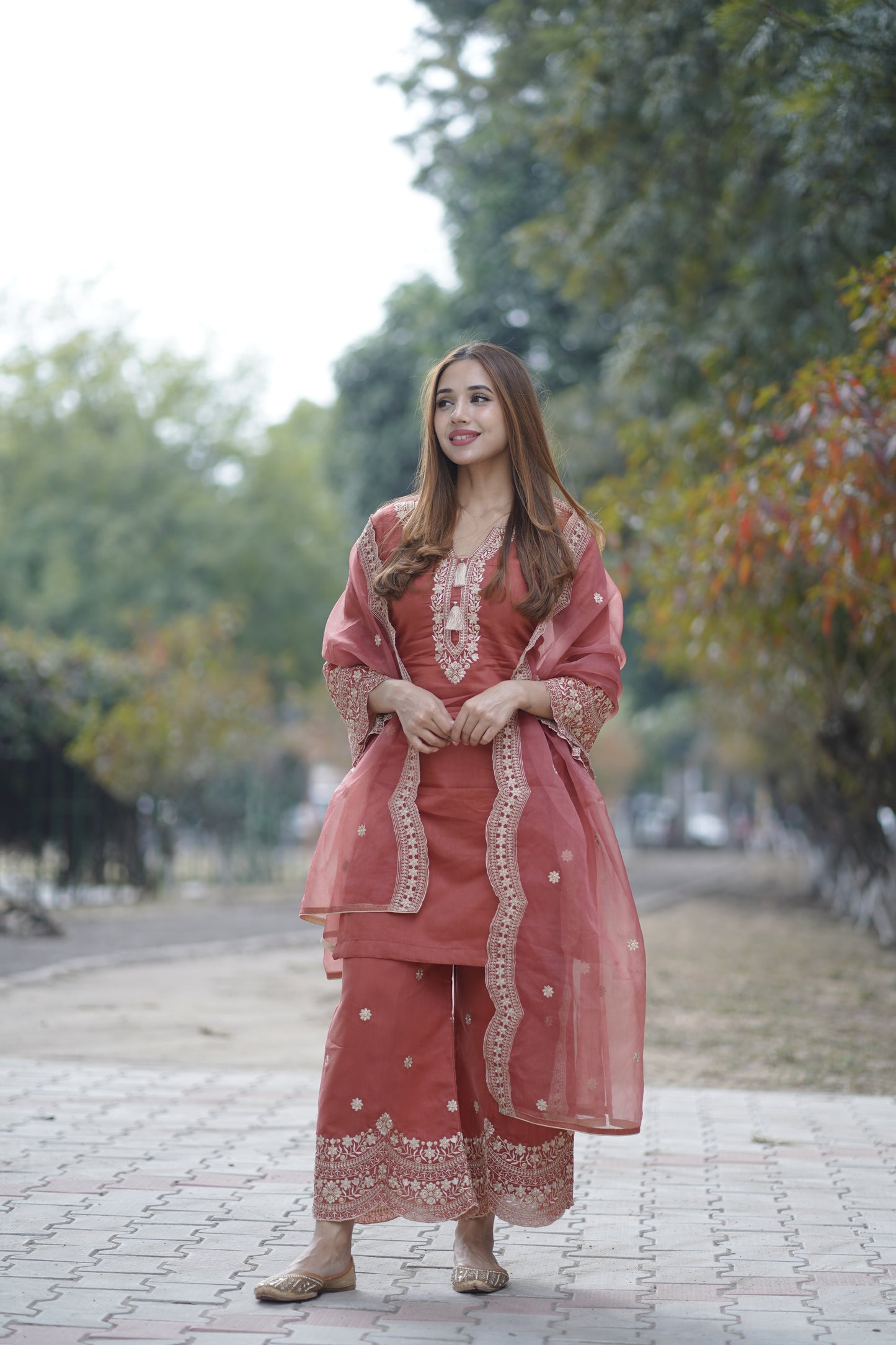 Ria Malhotra in Rust Chanderi Silk Suit Set