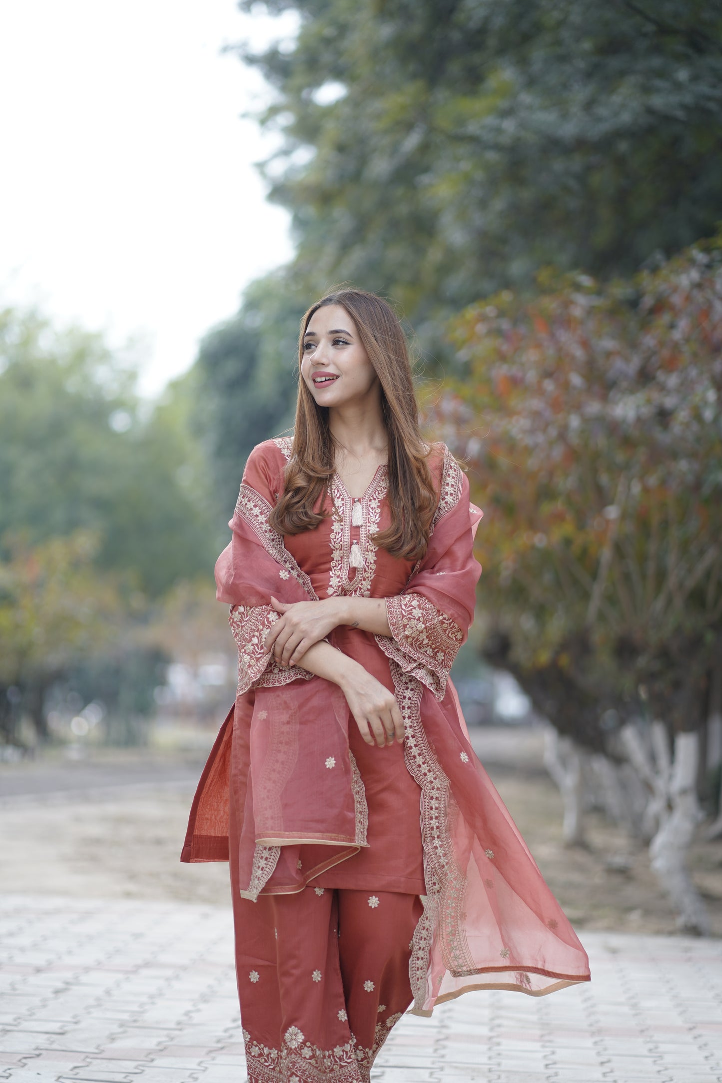 Ria Malhotra in Rust Chanderi Silk Suit Set