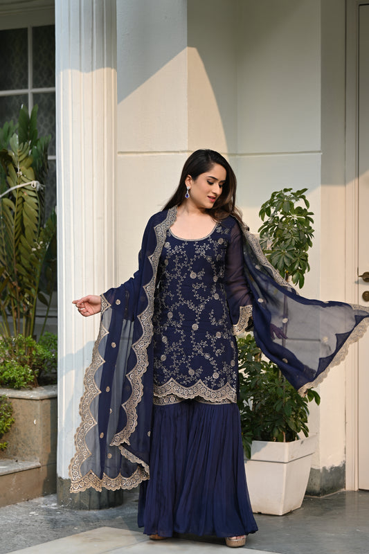 Nikita Vasdev in Sunehri Blue Sharara Set