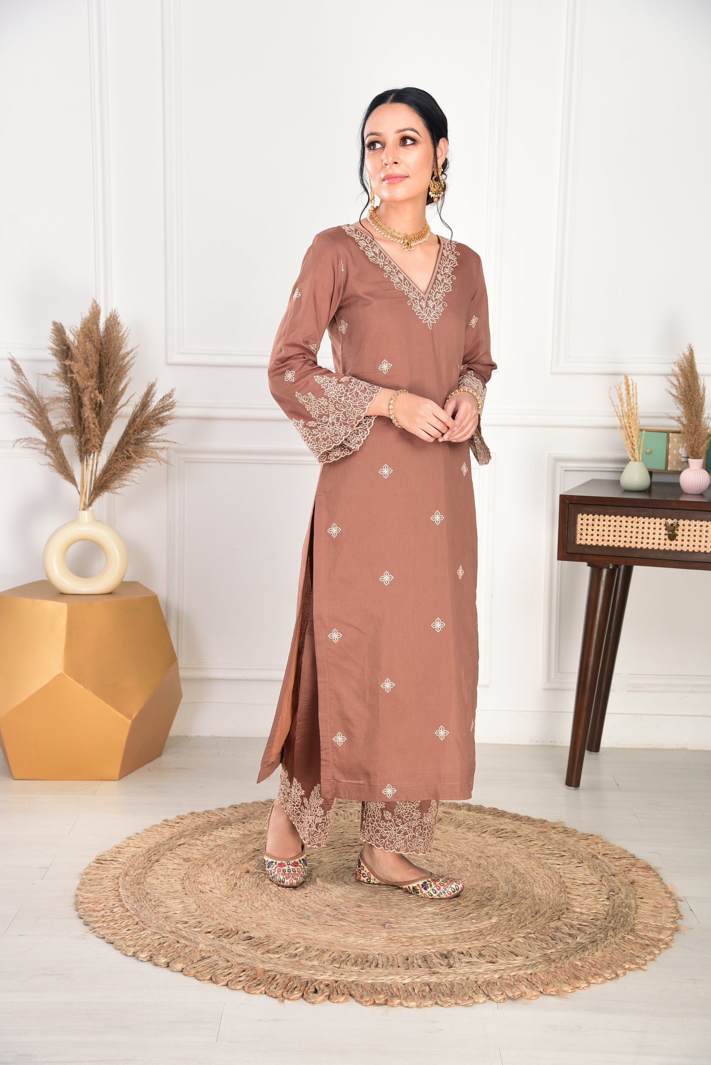 Walnut Brown Chanderi Silk Suit Set
