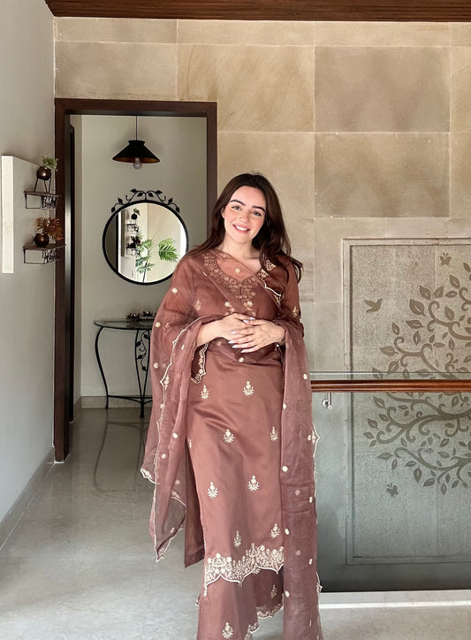 Simran Sethi in Walnut Brown Chanderi Silk Suit Set
